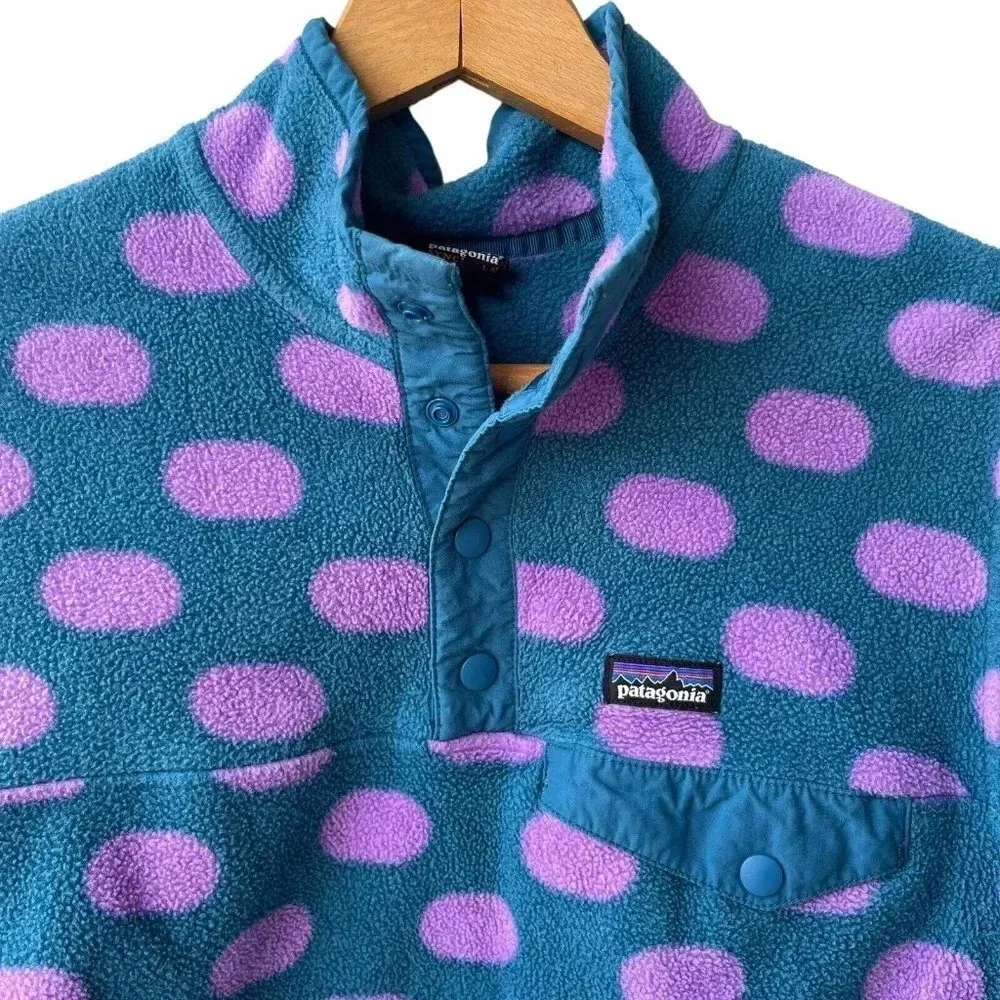Patagonia Synchilla Girls Pullover Jacket Snap T Polka Dot Teal Pink Size XL(14)